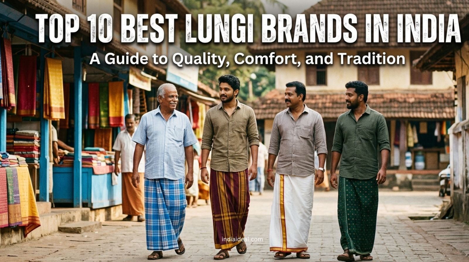 A collection of premium Indian lungi brands featuring traditional checks and modern patterns.