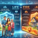 A conceptual image showing a family silhouette protected by an umbrella (Life) and a house protected from flames (Fire).