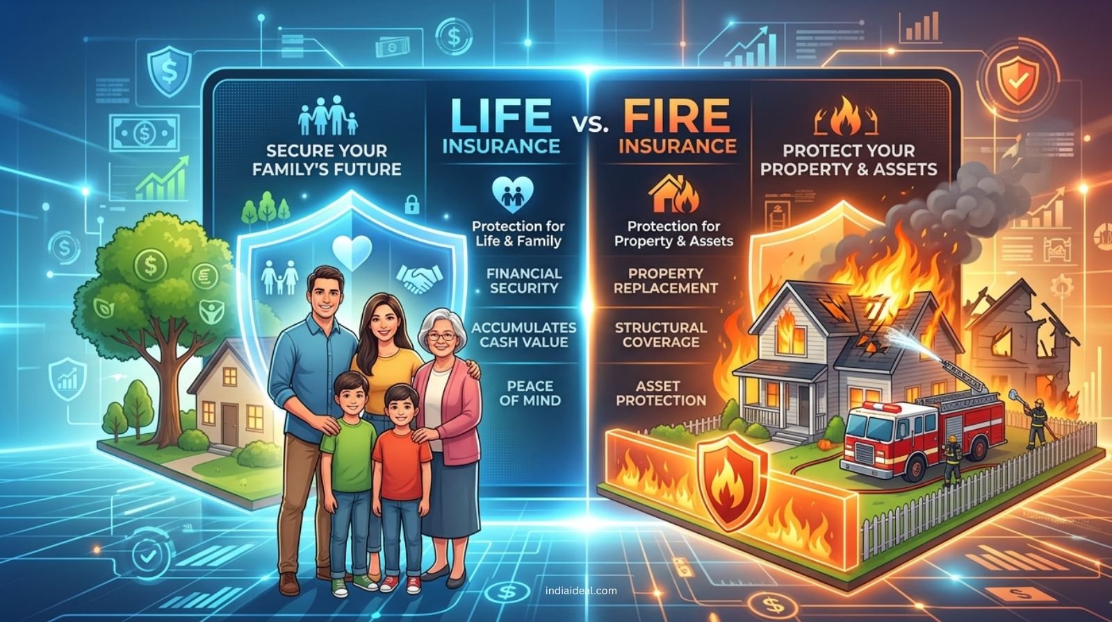 A conceptual image showing a family silhouette protected by an umbrella (Life) and a house protected from flames (Fire).