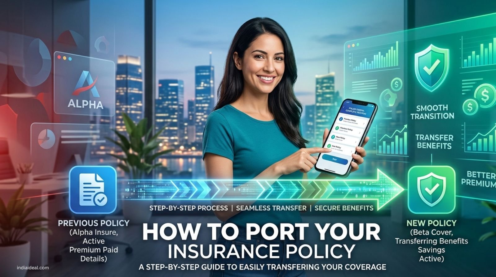 An infographic showing the easy flow of moving an insurance folder from one company building to another with a "Benefits Retained" seal.