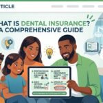 A close-up of a smiling person with a dental check-up icon and an insurance shield overlay.