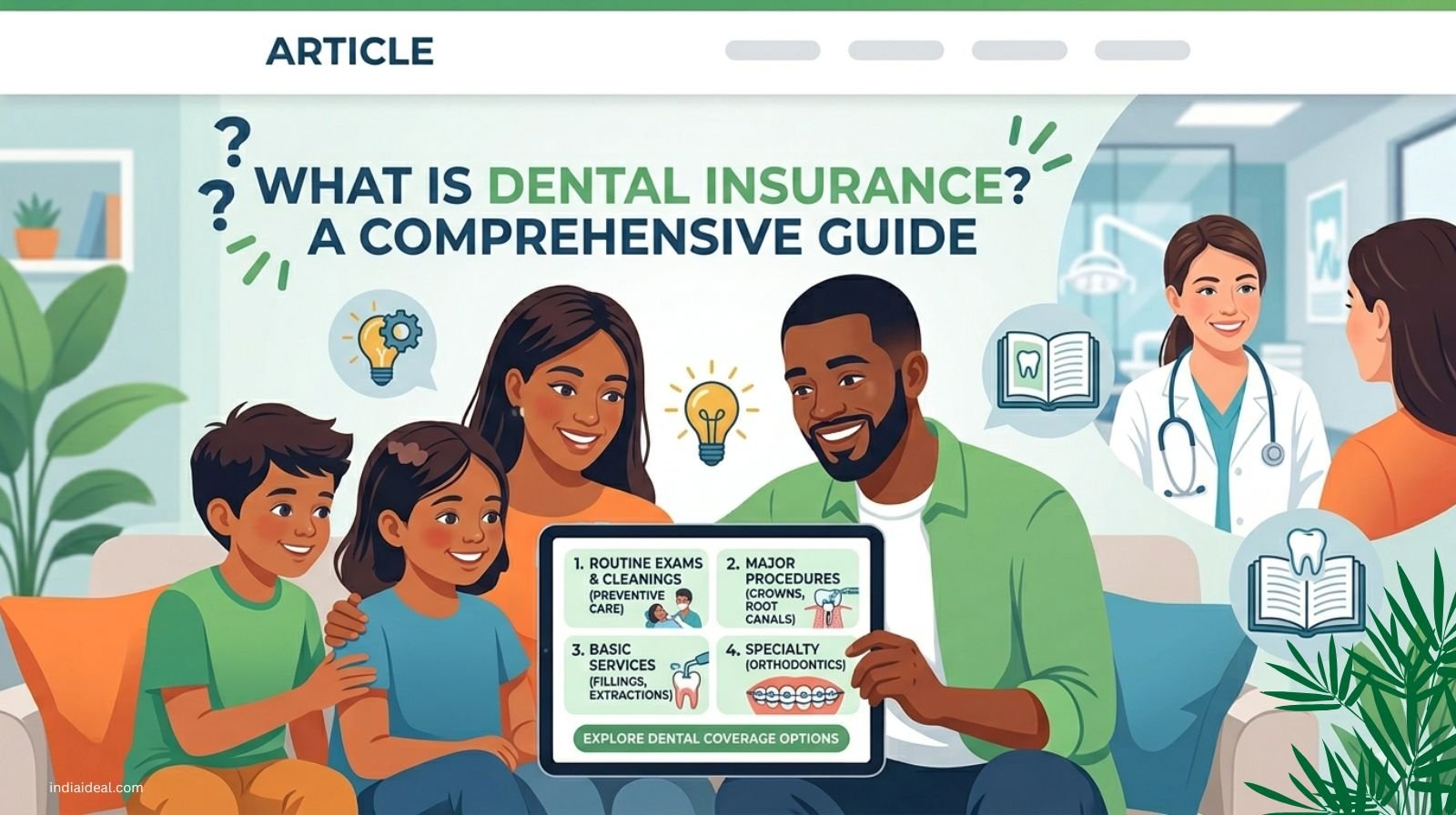 A close-up of a smiling person with a dental check-up icon and an insurance shield overlay.