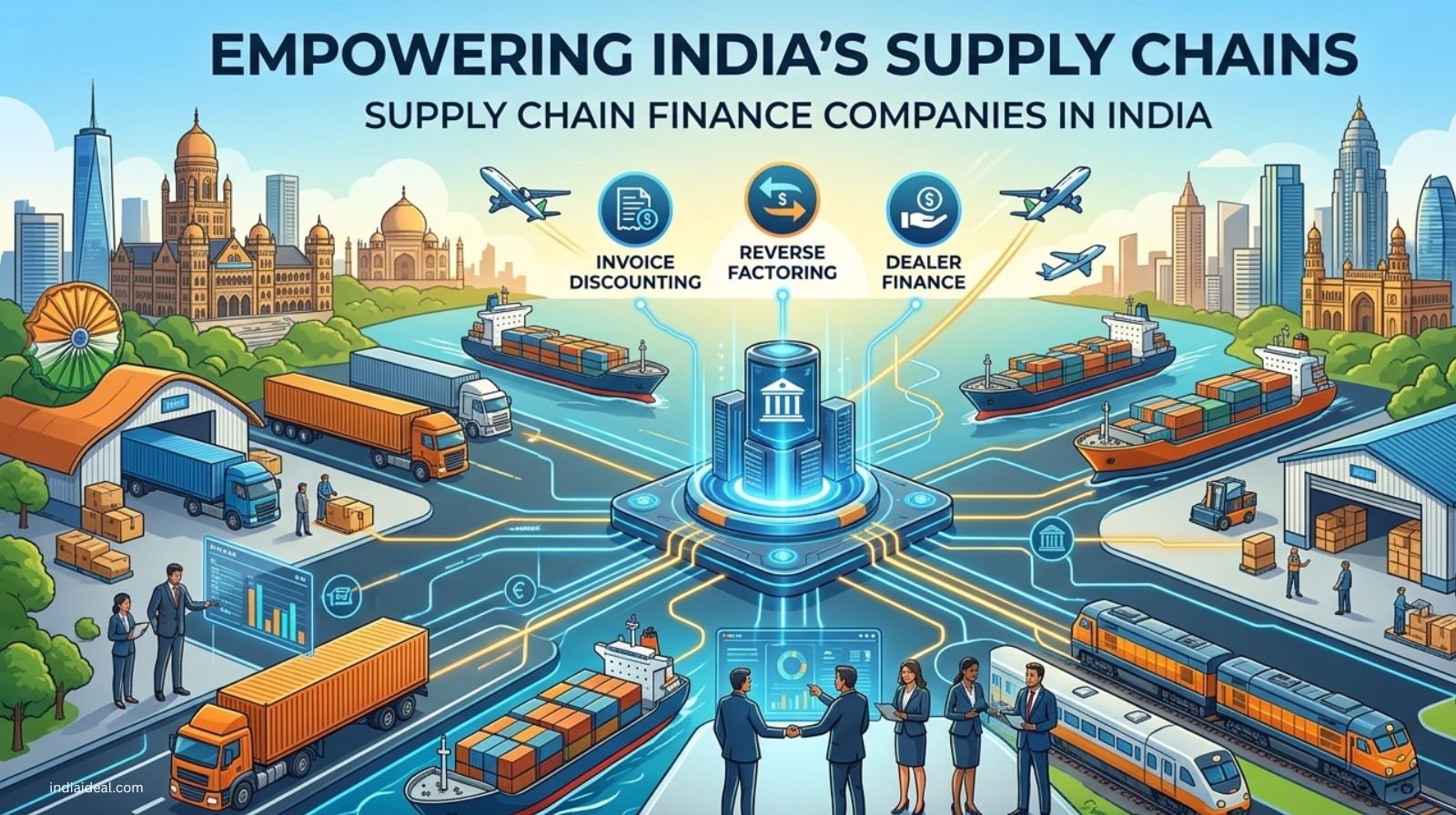 A professional dashboard showing a supply chain network with growing financial bar charts and an Indian Rupee symbol.