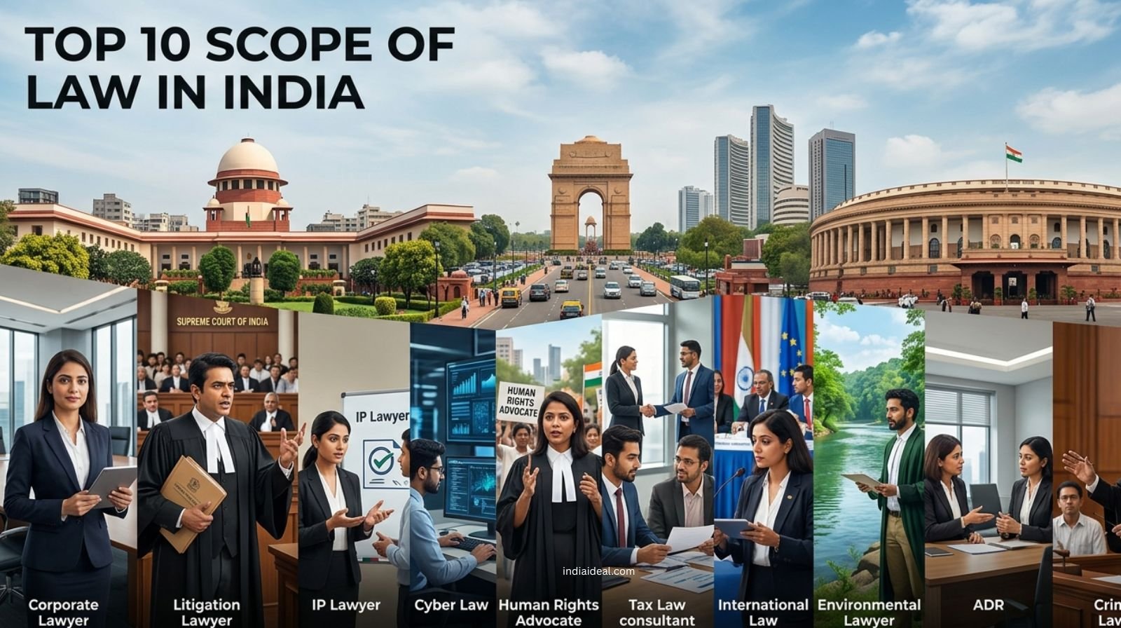 A diverse group of modern Indian lawyers using AI tools and discussing corporate law.