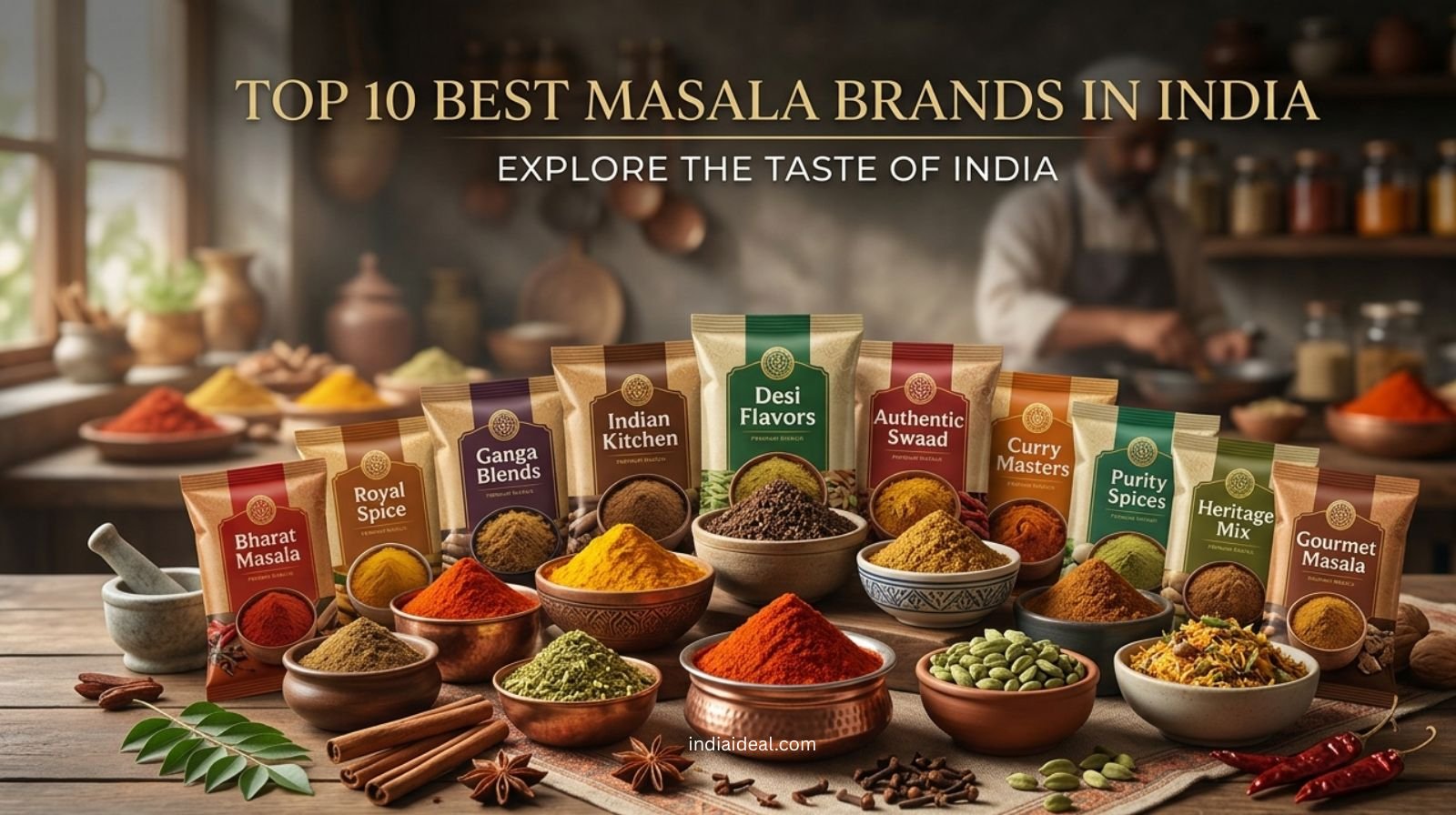 A colorful array of Indian spices and top masala brands like Everest, MDH, and Catch.